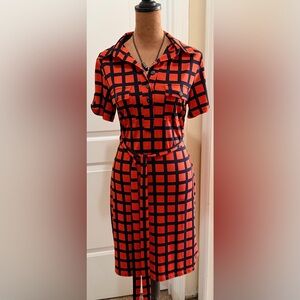 Enfocus Studio Red/Orange and Navy Grid Midi Dress